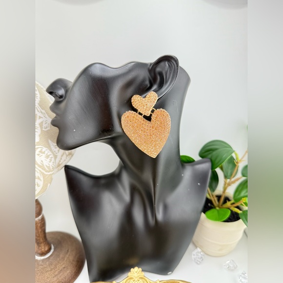 Statement Heart Earrings | Gold-Tone Rhinestone Drop Dangles - Picture 1 of 10
